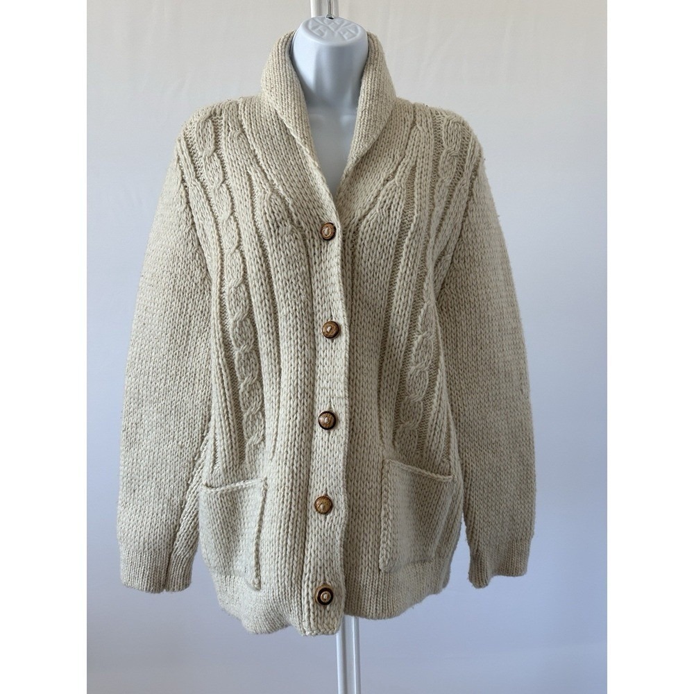 Women's Cream Chunky Knit 100% Hand Made Fisherman's Cardigan Check Measurements